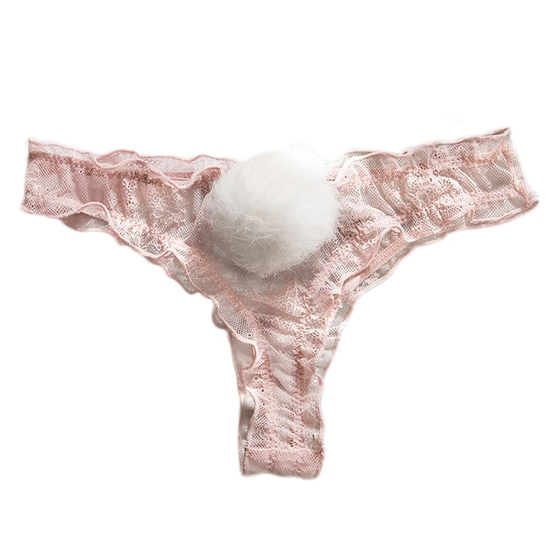 

Women Sexy See-Through Lace Panties Briefs Cute Removable Rabbit Tail Pompom Underwear G-String Low Rise Cosplay Lingerie Thong