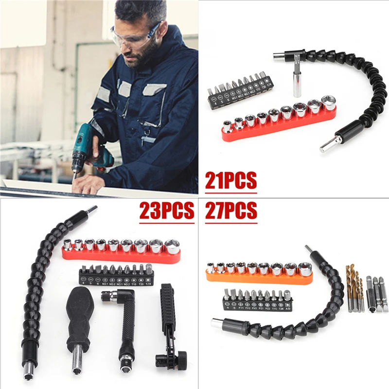 

21/23/27pcs Drill Bit Set Batch Head Flexible Shaft Extension Screwdriver Drill Bit Holder 1/4" Hex Shank Power Dril Accessories