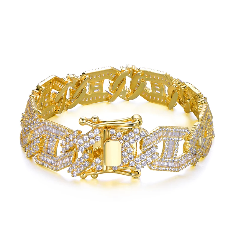 Gold Bracelet Hip Hop 15MM Heavy Miami Baguette Zircon Iced Out Cuban Link Necklace AAA CZ Prong Setting Necklaces Hip Hop Jewelry 18'' 24'' - Окраска металла: Gold Bracelet