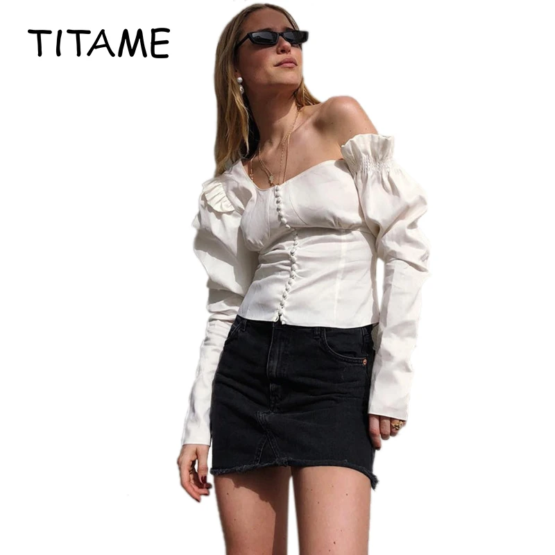 TITAME Для женщин блузка рубашка асимметричный буфами на рукавах топ с длинными