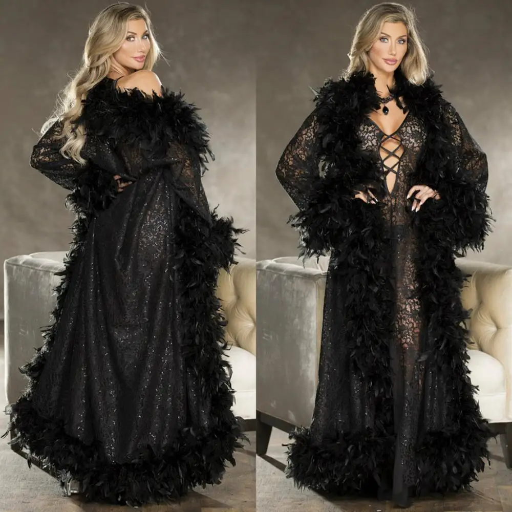 

Luxurious Black Night Robe with Feathers Long Sleeve Lace Sequined 2021 Party Celebrity Sleepwear Nightgowns Robes