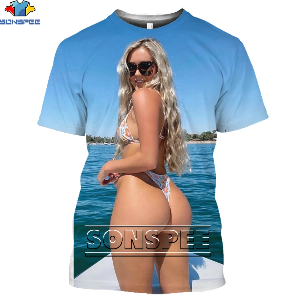 

SONSPEE Beach Sexy Bikini Model Blonde Buttocks Goddess T-shirt Men Women Hentai Streetwear Man Otaku Clothing Short Sleeve Tee