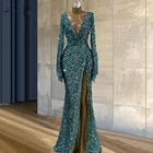 Женское вечернее платье с блестками, синее платье с глубоким V-образным вырезом и длинным рукавом, с разрезом спереди, для вечерние, выпускного вечера, 2022