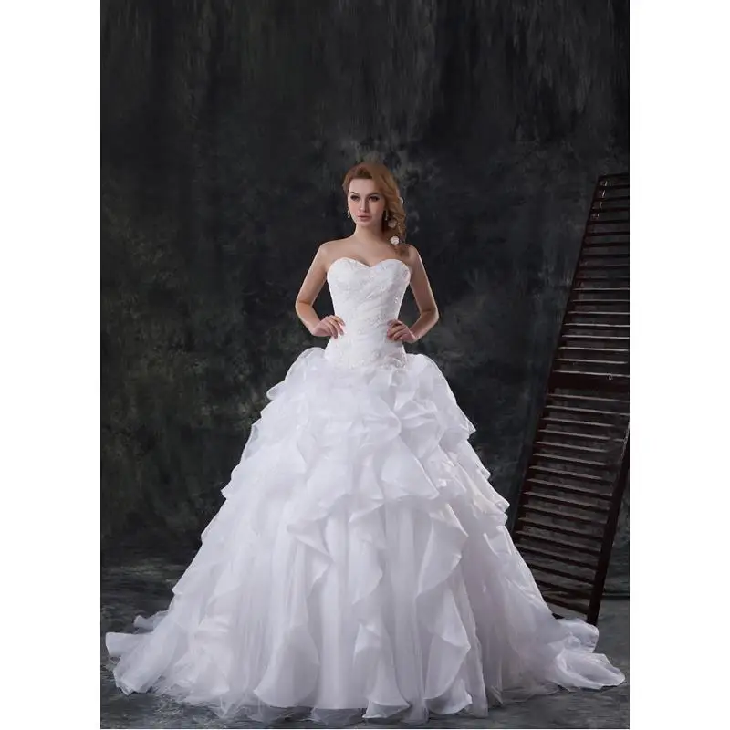 

White Organza Beading Strapless Floor-Length Princess A-Line Wedding Dresses Court Train Custom Made