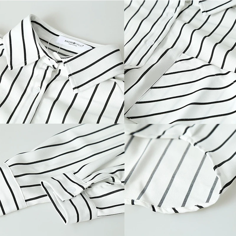 

Spring Autumn Striped Women Shirt Tops New Turn-down Collar Pocket Long Sleeve White Women Blouse Casual Loose Ladies Tops 12574