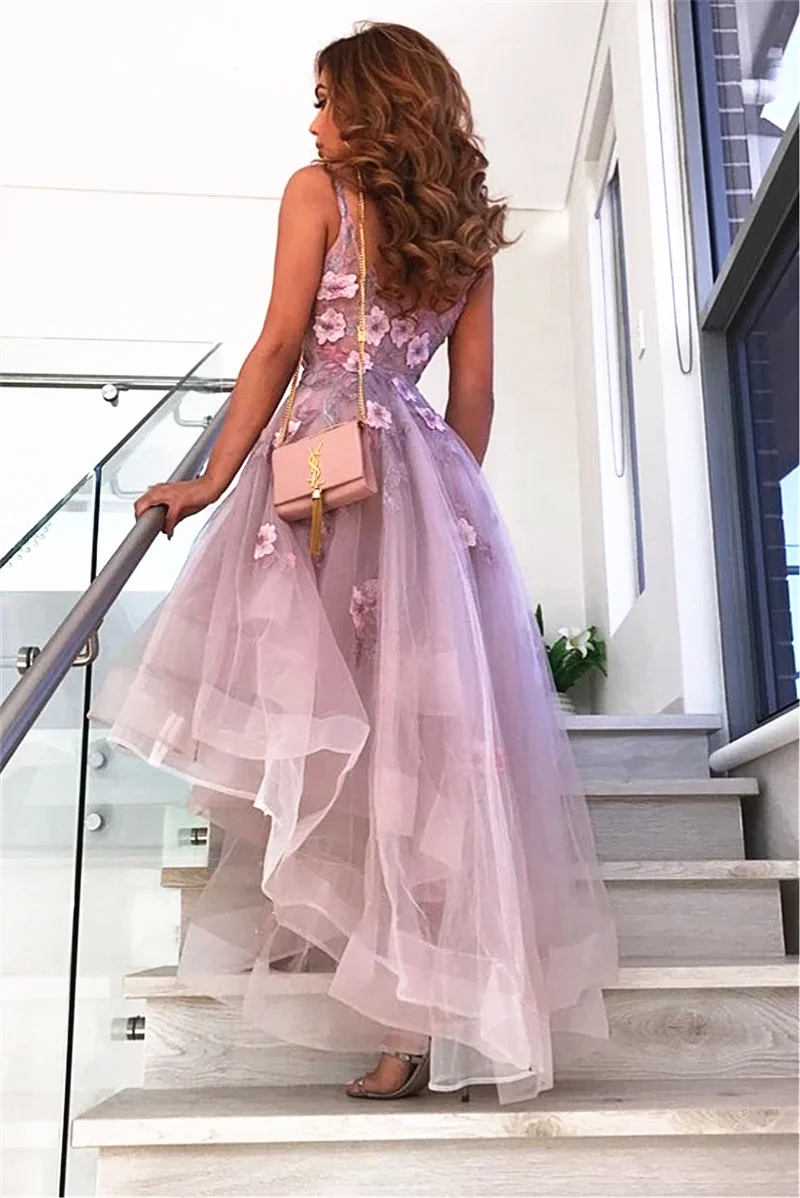 

Purple Prom Dress Short Front Long Back Flowers Tulle Spaghetti Straps V-neck Illusion Cocktail Graduation Dress