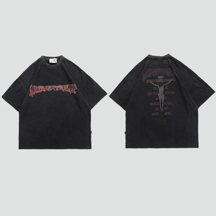 

Men's Summer New Product Jesus Print T-shirt Distressed Retro Wash Personality Men and Women Short Sleeves