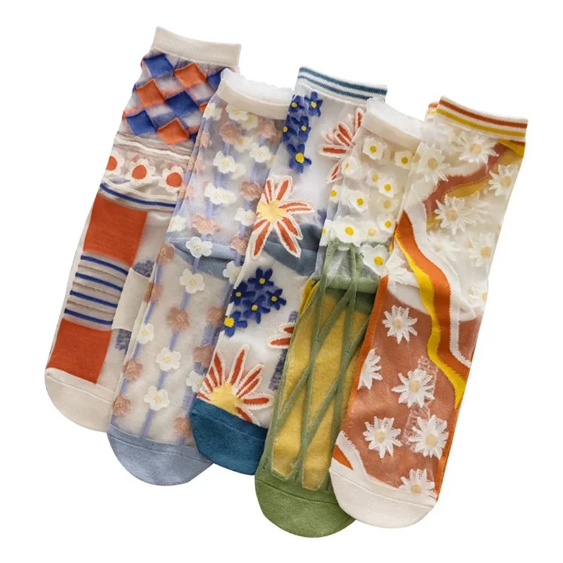 

5 пар, женские хлопковые носки с вышивкой