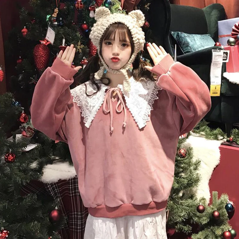 Корейский стиль толстовка с кружевным кукольным воротником маленькая свежая