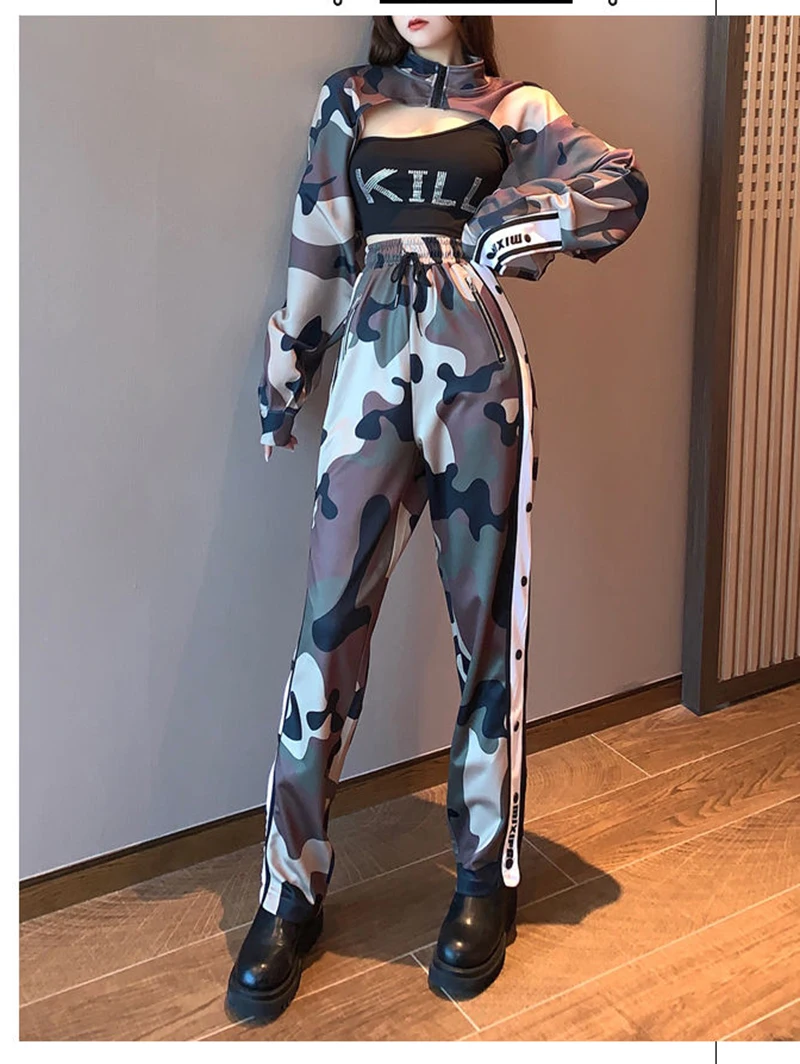 

2021 Новый Harajuku BF 2 шт камуфляжные штаны Свободные прямые ноги крутой костюм из трех частей уличная одежда брюки карго