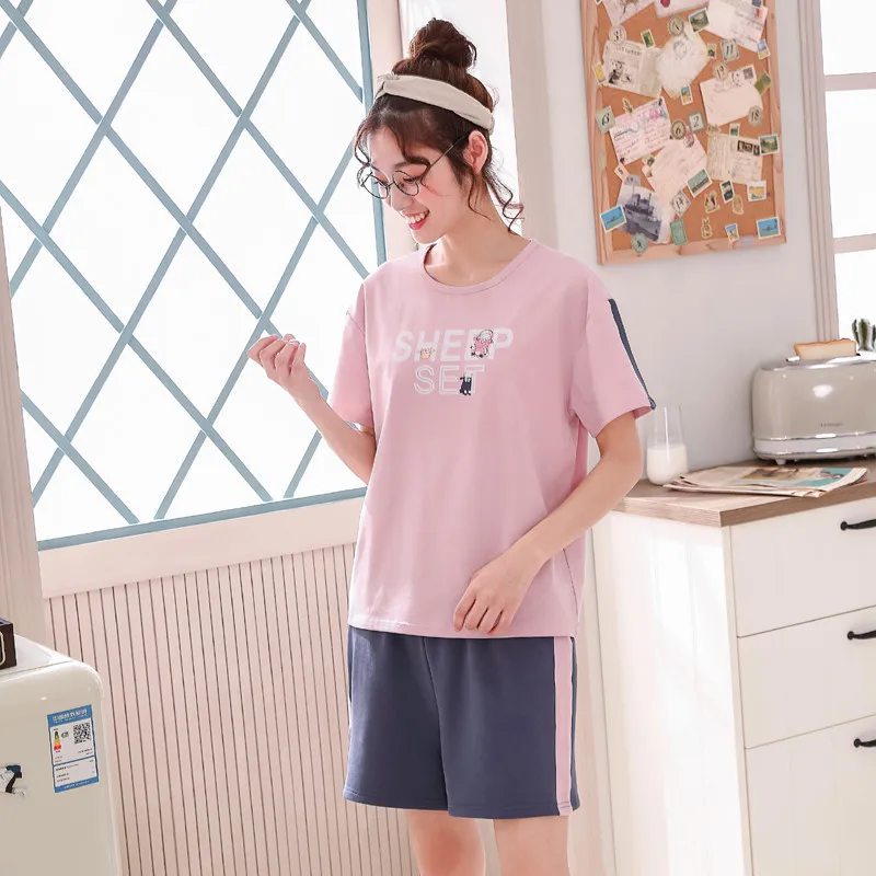 Women Pajamas Sets Suits Lovely Home Suit 100% Cotton Pyjama For Sleepwear Short Sleeve Top + Shorts Pyjamas Pijamas Mujer | Женская