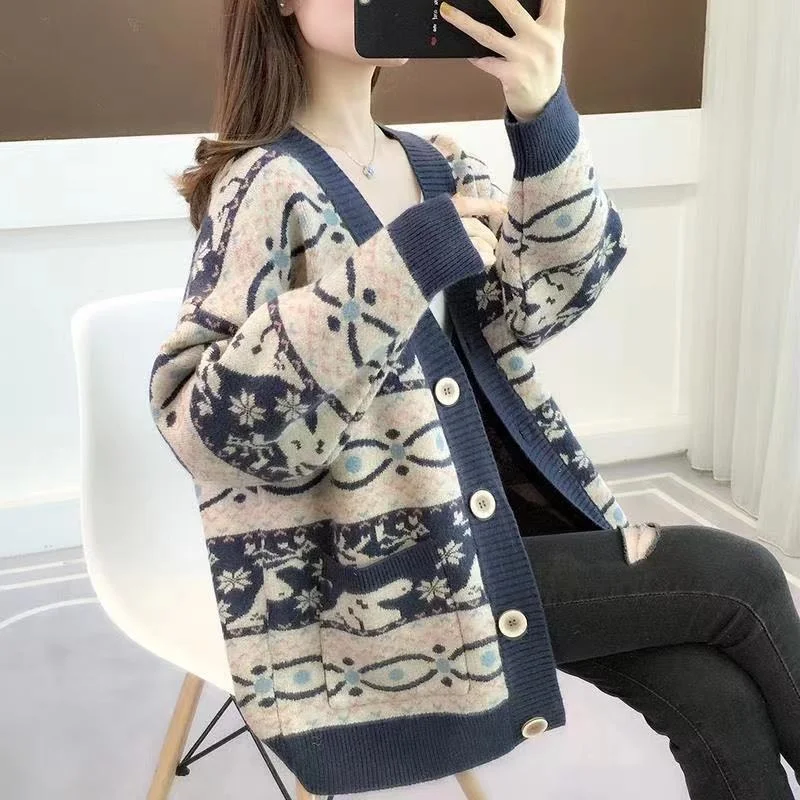 

Women's Cardigan Sweater Autumn Casual Knitted Loose Printed Pocket Sweater Oversized Sweaters