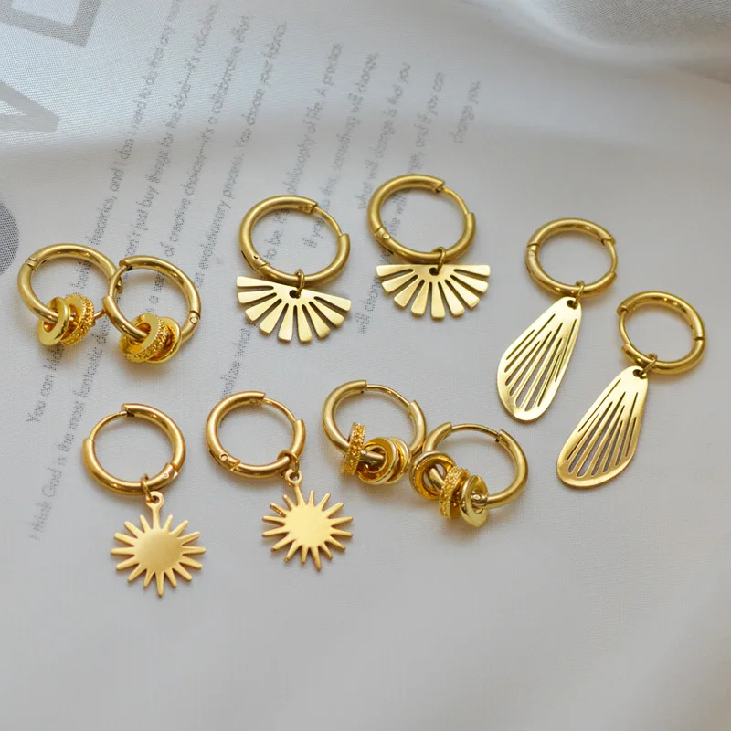 

Stainless Steel Wing Fan-shaped Drop Earrings Simple Punk Gold-plated Round Circle Ear Buckle Huggies 2022 New Trendy