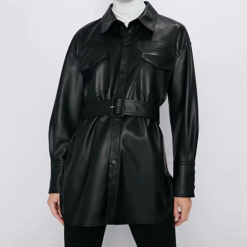 Женская блузка из мягкой искусственной кожи Fitaylor черная однобортная рубашка с
