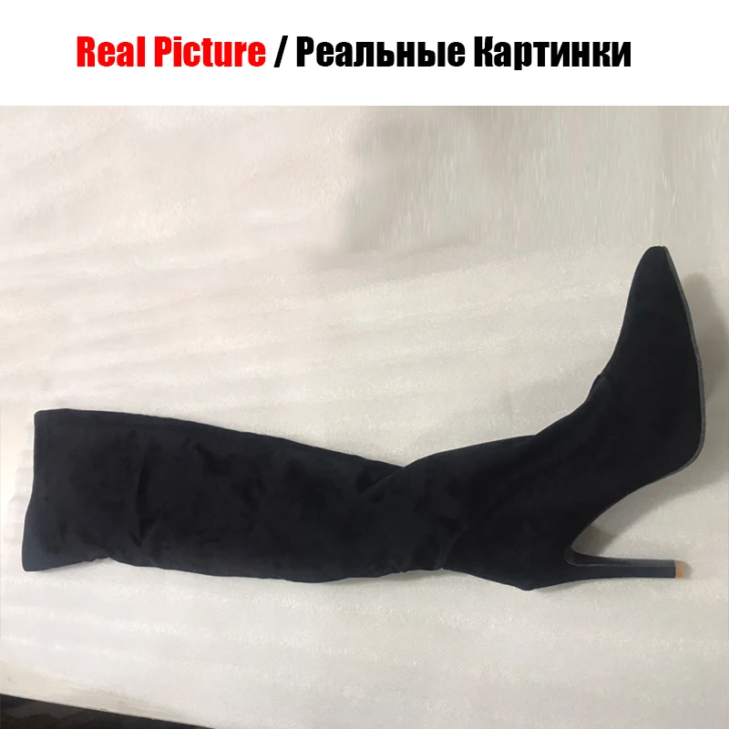 DORATASIA/Новинка, большие размеры 32-48, брендовые высокие сапоги до бедра, обувь из флока с острым носком, женские пикантные Сапоги выше колена на высоком каблуке