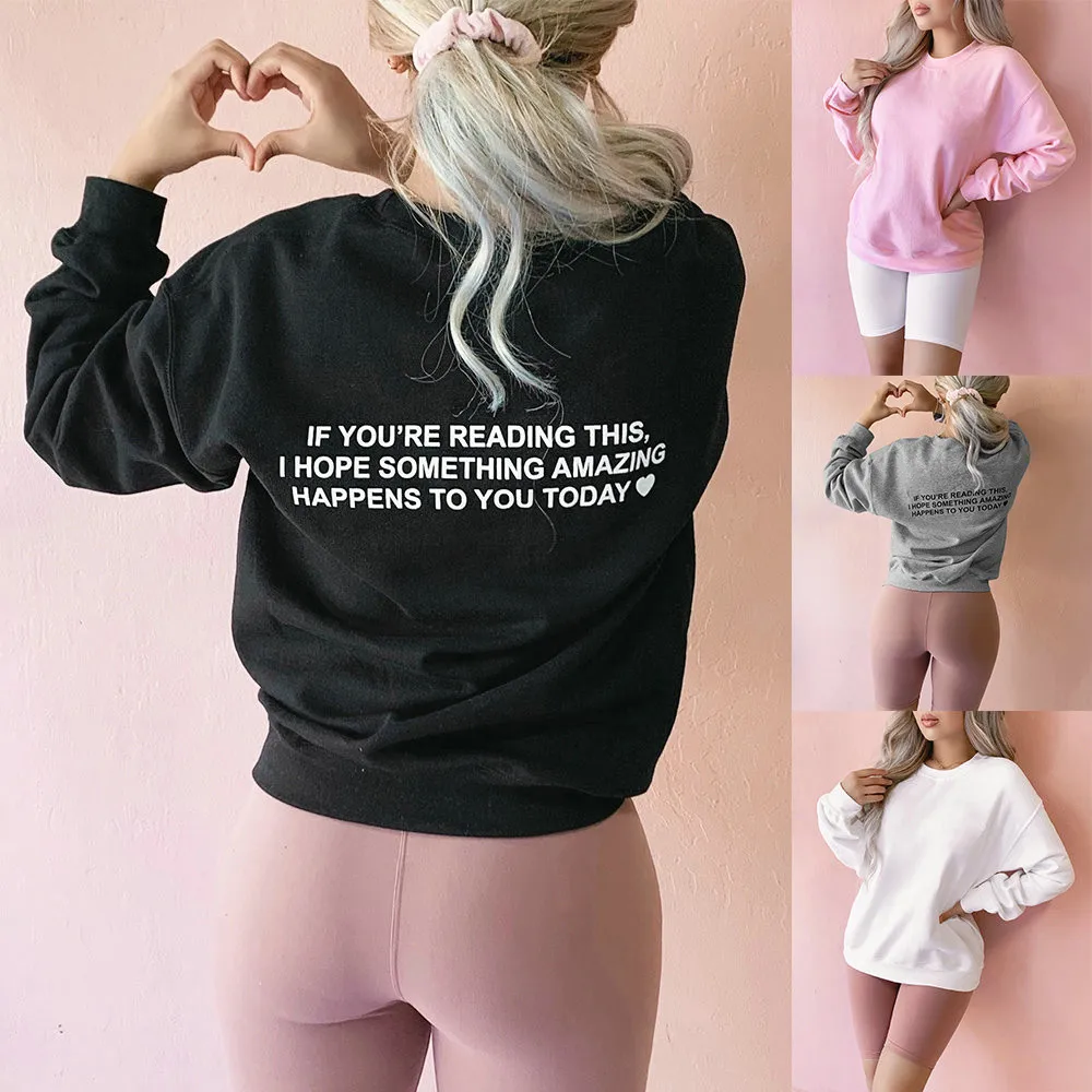 

Ladies Letter Print Top Solid Color Letter Print Loose Pullover Top Long Sleeve Sports Casual Women Top 40*