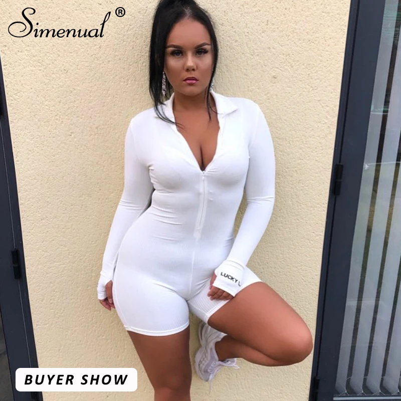 Simenual Workout Active Wear Ribbed Rompers Women Fashion Skinny Biker Shorts Playsuit Embroidery Letter Long Sleeve Playsuits |
