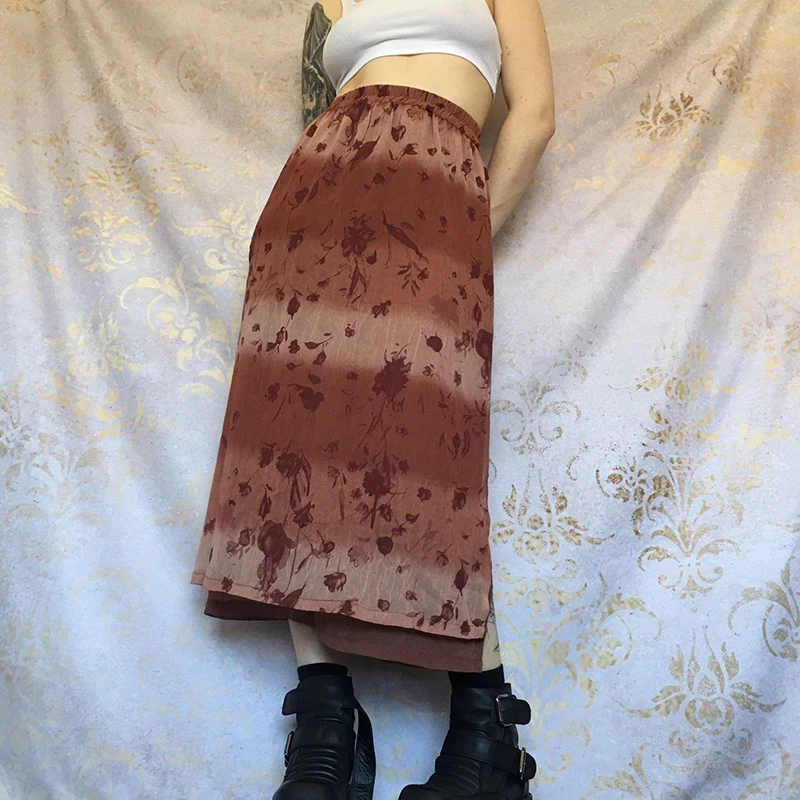 

Women Vintage Floral Print Split Midi Skirts Elastic Waist Double-Layered Long Skirt Y2k Aesthetic Grunge Fairycore Streetwear