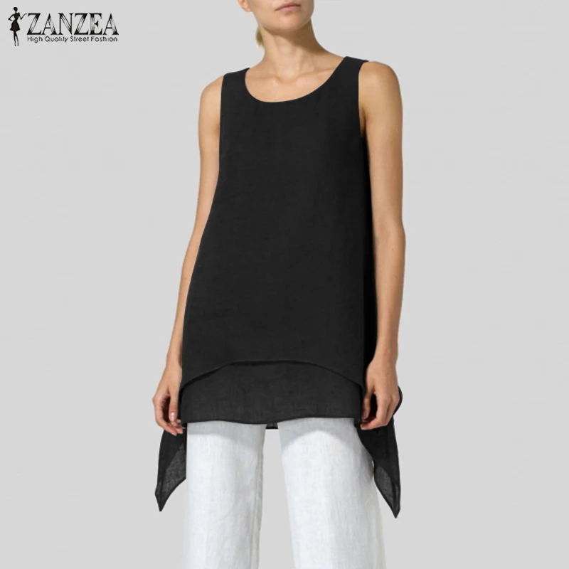 

Tunic Women's Asymmetrical Blouse ZANZEA 2021 Elegant Solid Tank Tops Casual Sleeveless Blusas Female O Neck Chemise