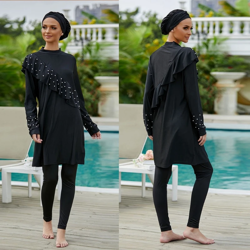 

77HC Women's Modest Swimsuits Muslim Swimwear Hijab Swimsuit Islamic Short Sleeve Swimming Sets Black Three-Piece Swimsuit