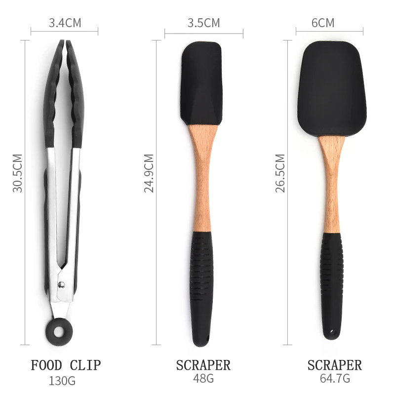 Kitchen Silicone Cutlery Set Wooden Turner Spatula Brush Scraper Glove Egg Beater Black Cooking Tool Kitchenware | Дом и сад