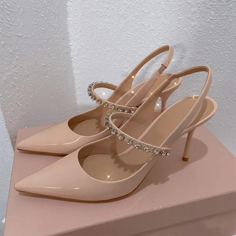 Spring nude color rhinestone back space pointed stiletto high heel rhinestone sandals banquet dress all-match womens single shoe