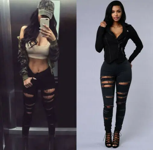 Новые женские с высокой талией эластичные рваные брюки длинные джинсовые штаны