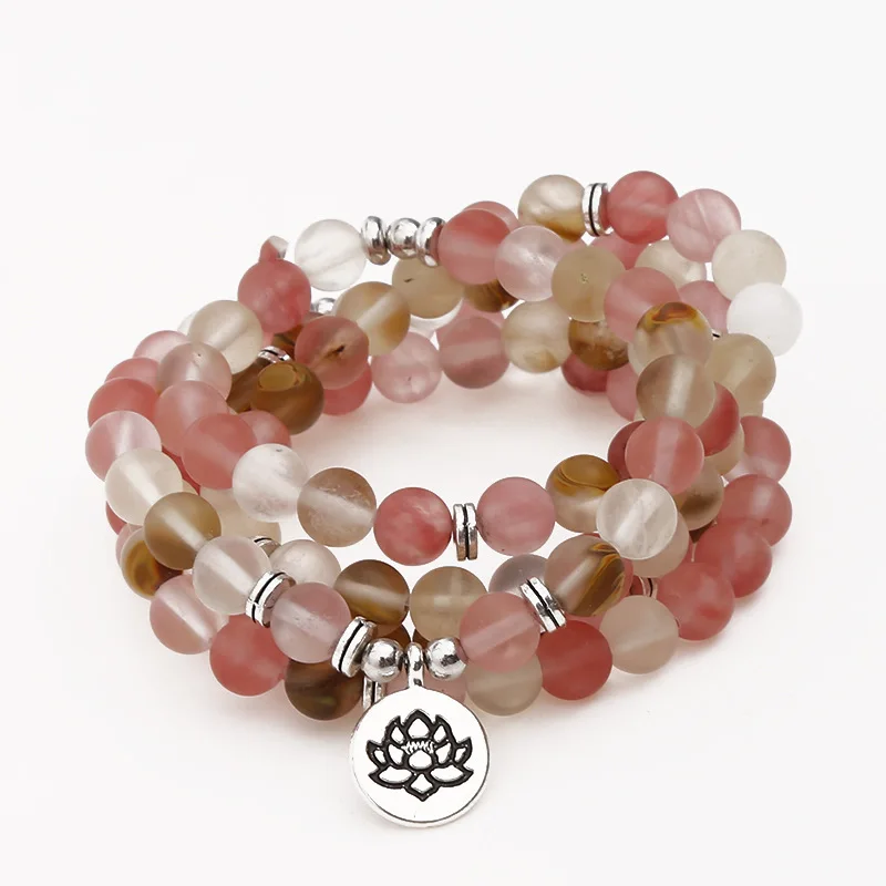 

GVUSMIL Pink Watermale Crystal 108 Beads Tibetan Pray Bracelets Handmade Jewelry Ethnic Bracelet for Women Gift