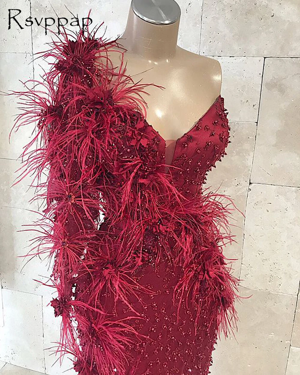

Luxury Single Long Sleeve Evening Dress 2021 Mermaid One Shoulder Pearls Lace Burgundy African Women Formal Party Gowns