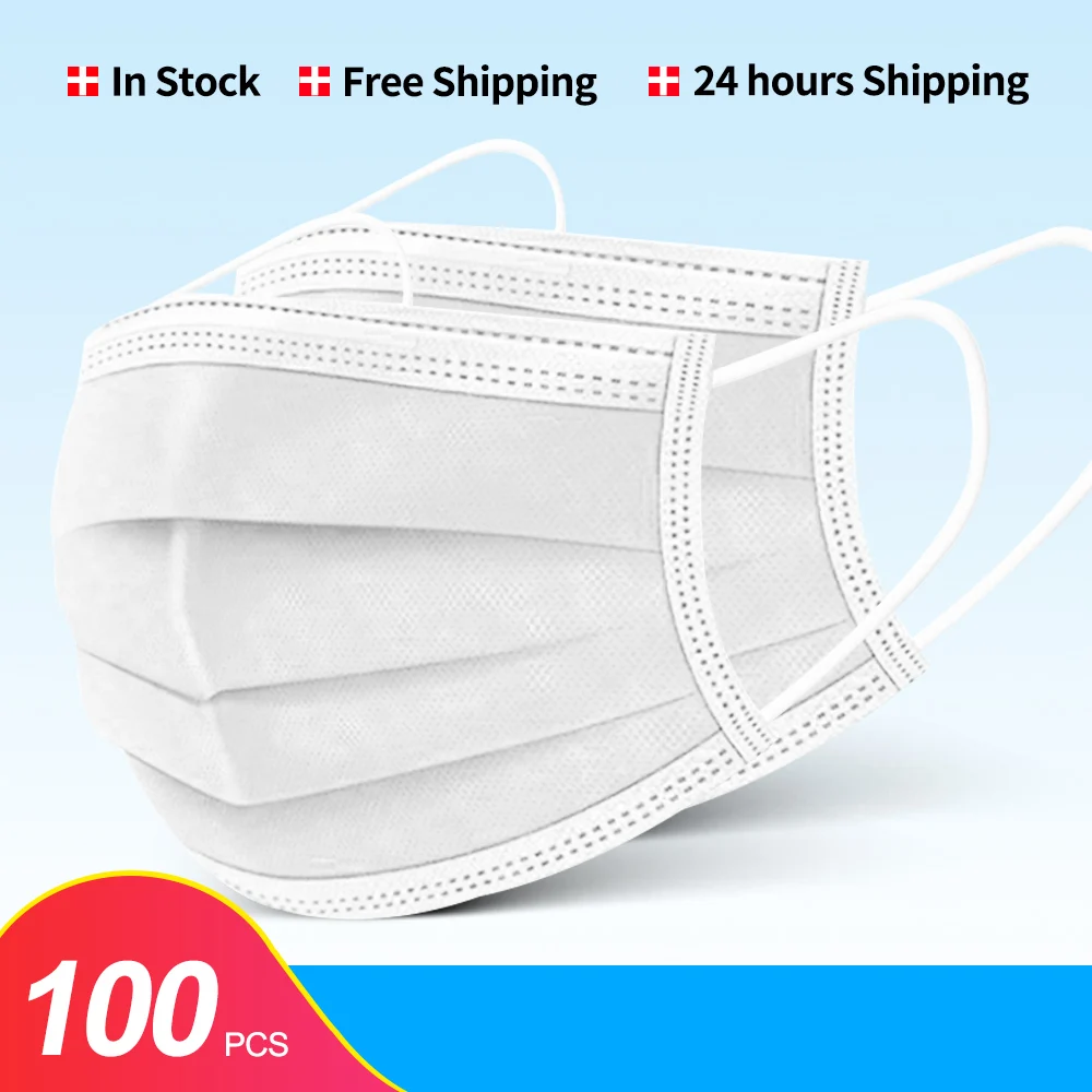 

50/100PCS White Disposable Face Mask Box Non-Woven Adult Purifying Facemask Meltblown 3Ply Ear Loop the Towel for Man Woman