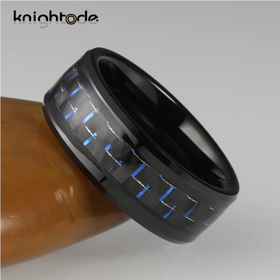 Модные кольца из черного карбида вольфрама 8 мм синие/черные вставки углеродного