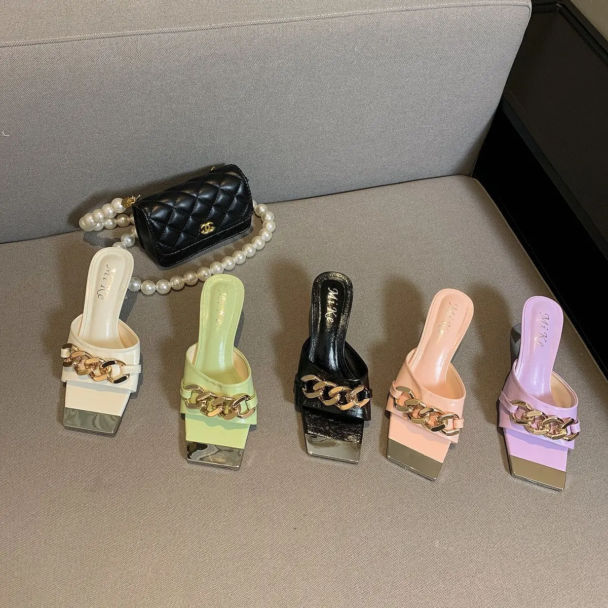 

NEW Fashion Square Toe High Heel Slippers Ladies Elegant Chain Peep Toe Slides Shoes Thin High Heel Sandal Shoes Flip Flop