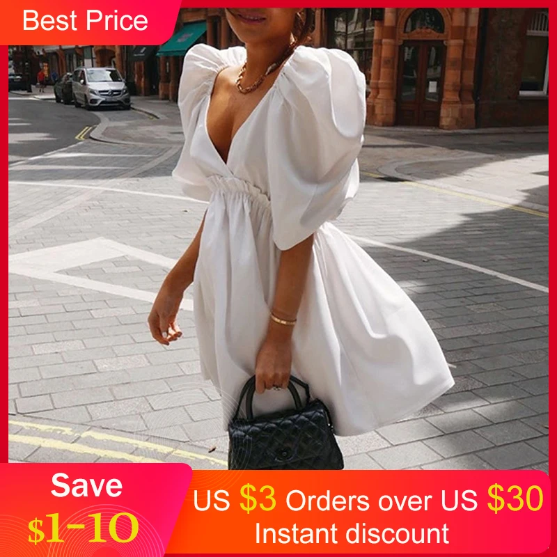 Платье женское с V-образным вырезом белое модное однотонное вечернее элегантное