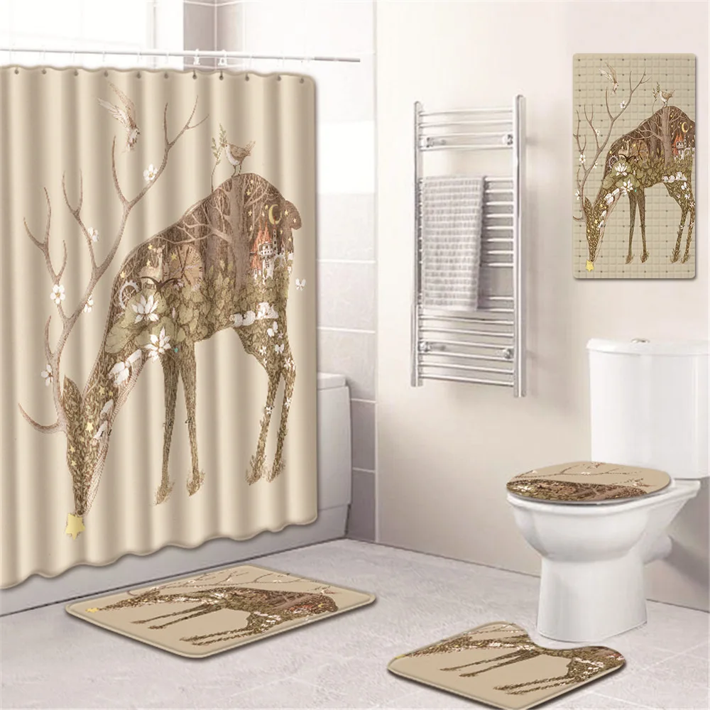 

Elk Shower Curtain Bathroom Mat Set Toilet Cover Mat Kitchen Pad Five-Piece Carpet bath mats bathroom bathroom rug