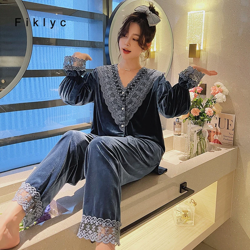 

Пикантный женский зимний бархатный пижамный комплект Fiklyc с V-образным вырезом и брюками с длинным рукавом, Элегантная удобная женская одежд...