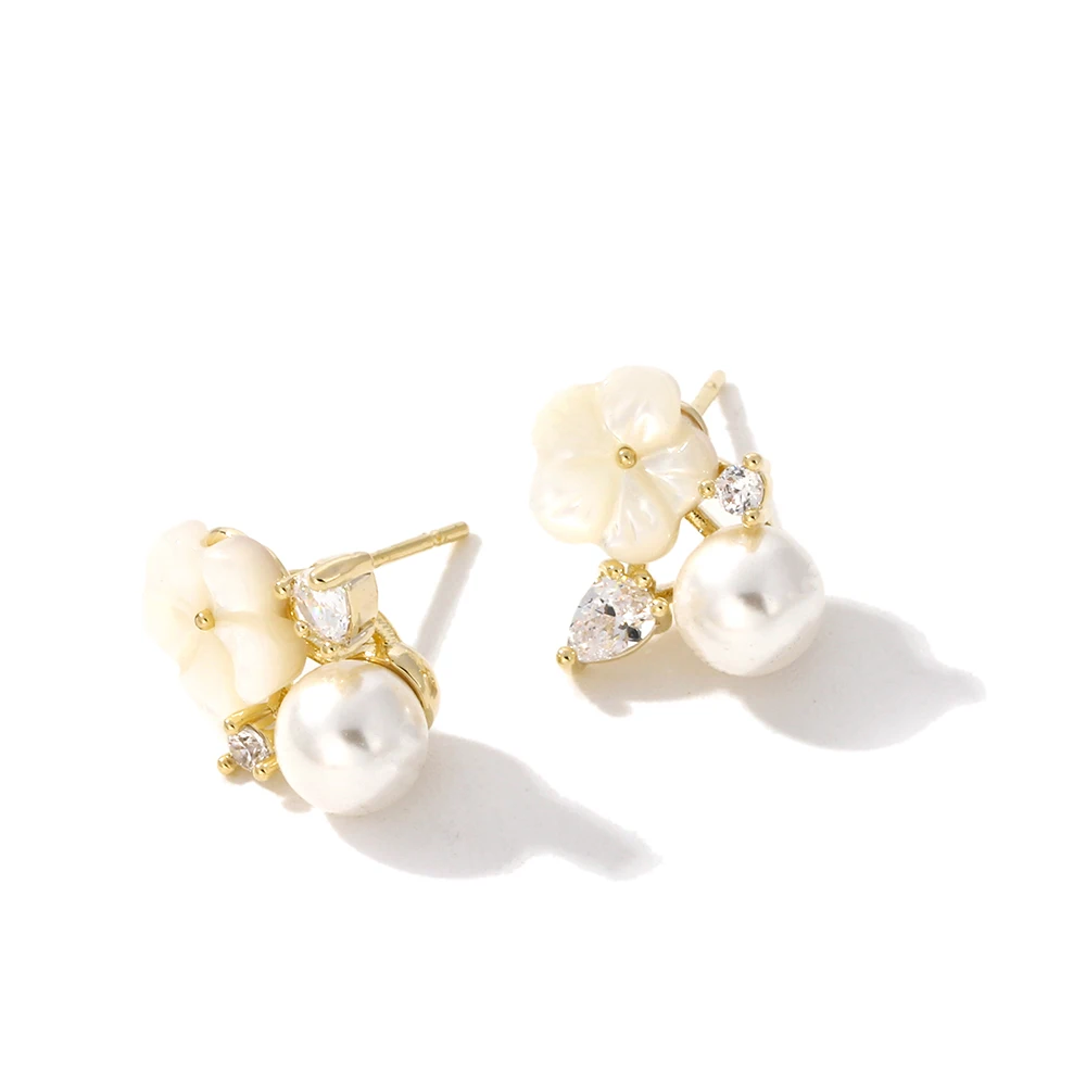 YMYW Natural Shell Flower Stud Earrings Sweet Imitation Pearl Temperament Shiny Cubic Zirconia Jewelry for Women Gift | Украшения и