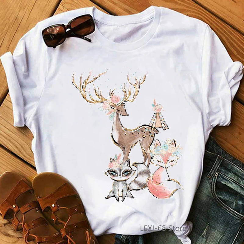 

Watercolor Sika Deer And Pink Fox Animal Print Tshirt Women Clothes 2021 Kawaii Pink Bow T Shirt Femme Summer Tops Tee Shirt