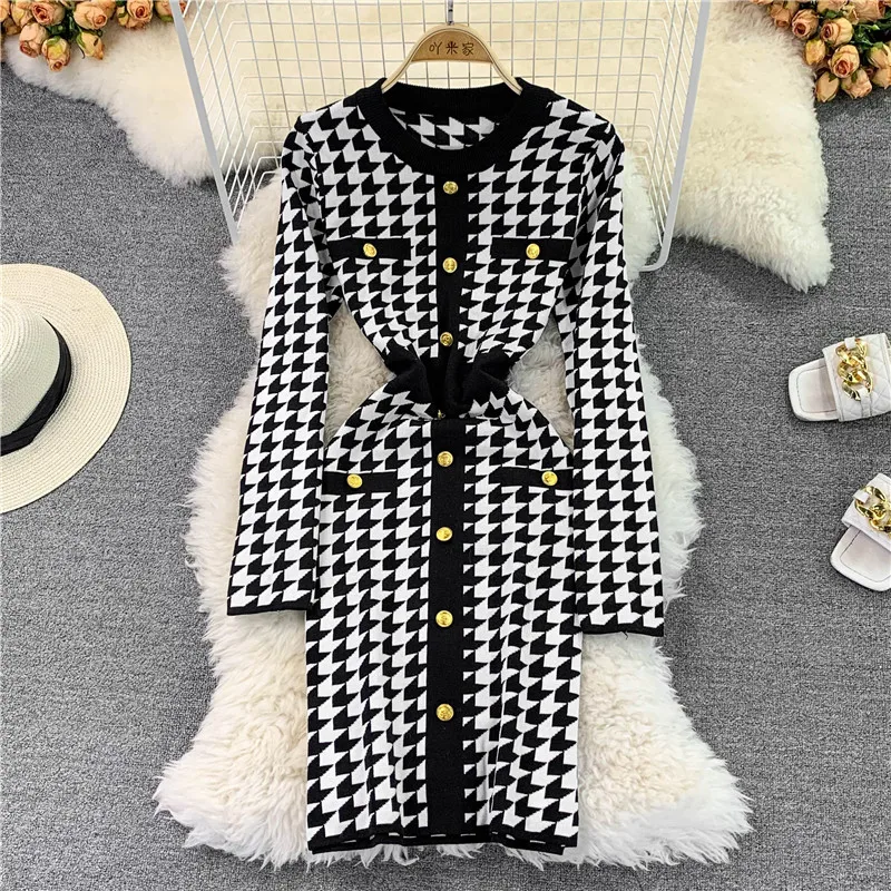 

Women's Sweater Dress Vintage Houndstooth Knit Dress Female 2021 Autumn Winter