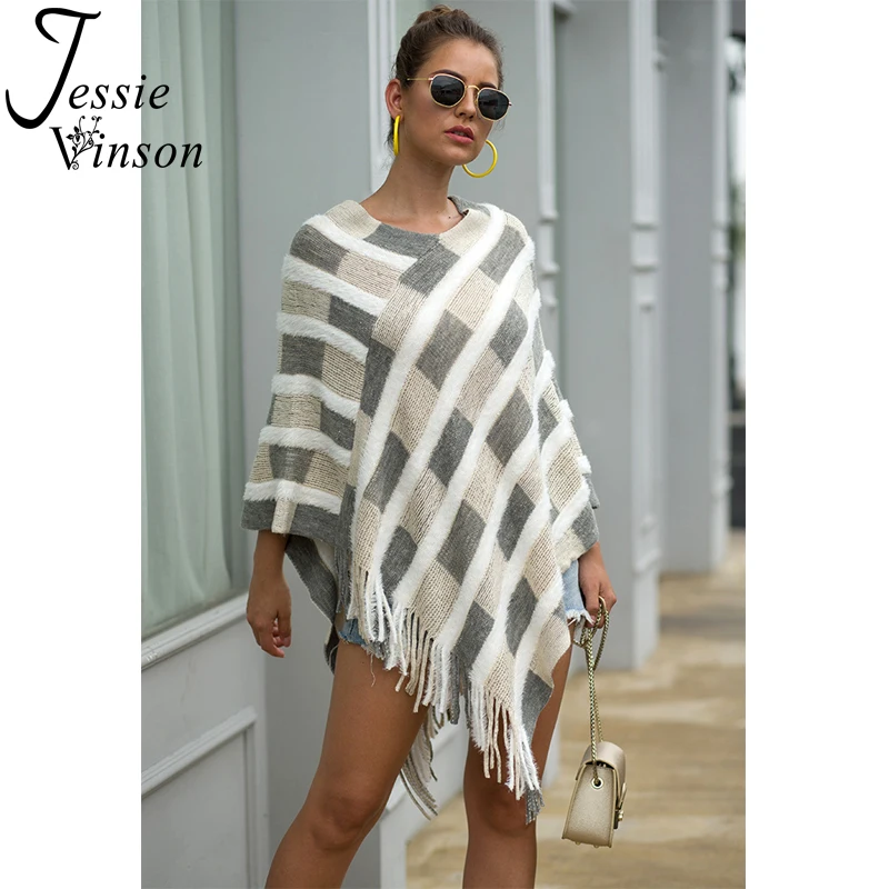 

Jessie Vinson Elegant Tassels Plaid Cape Sweater Women Knitted O-neck Pullover Sweater Female Knit Poncho Cape Autumn Winter Top
