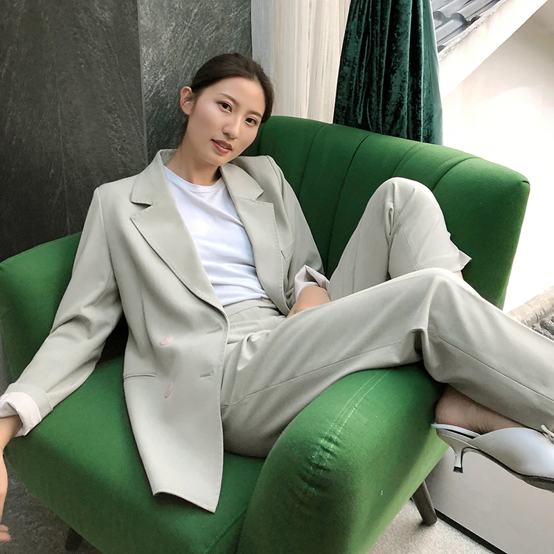 

Se030 Temperament Notched Double-breasted Suit Zipper Pencil Pants Womens Casual Solid Blazer Two Pieces Set костюм женский