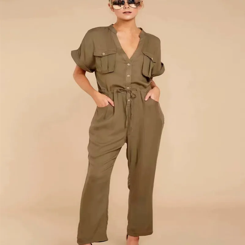 Женский комбинезон в стиле сафари повседневный Свободный Длинный с короткими