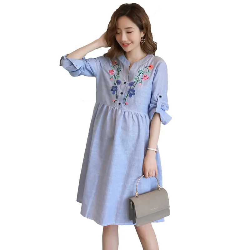 

2020 Maternity Nursing Dresses Spring Embroidery Striped Dress Maternity Clothes for Pregnant Women Pregnancy Feeding Clothing