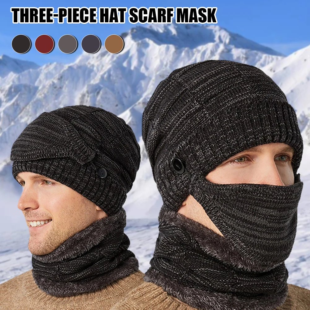 

Winter 3-Piece Hat Scarf Mask Set Knitted Beanie Neck Warmer Mask Winter Warm Balaclava Collar Set Accessories Unisex