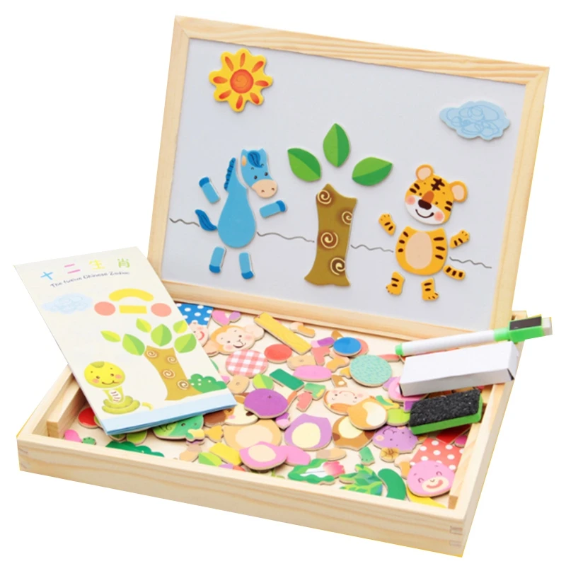 

Kids Wooden Magnetic Puzzle Children's Educational Toys Multifunctional Magnetic Drawing Board Toy Kids Animal Cartoon