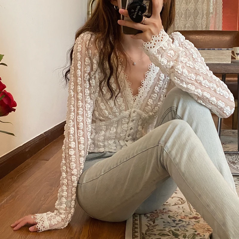 

Women's Blouse 2021 Fall Blouse Lace Single-breasted Cardigan Jacquard Elegant Casual Full Matching Blouse