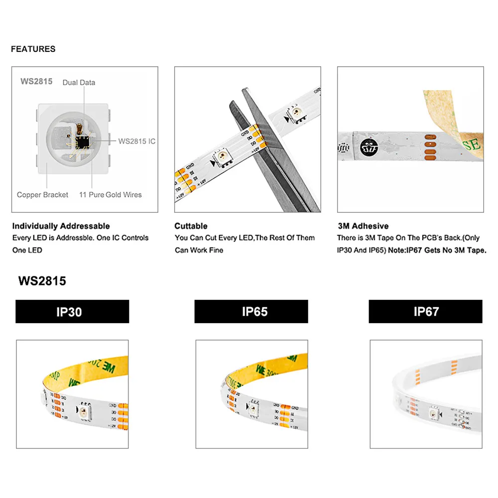 Ws2815 DC12V RGB светодиодный светильник индивидуально адресуемый IP30 IP67 5 м 30 S 60