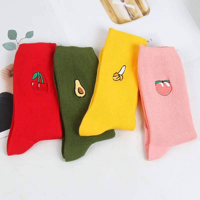 

Cute Cartoon Fruit Print Avocado Banana Cherry Peach Girls Kawaii Socks meias Korean Harajuku Embroidery Pile Heap Funny Socks