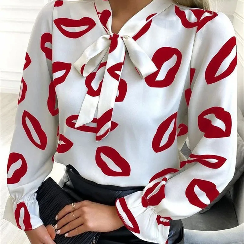 

Autumn Elegant Bowknot Shirt Chic Women Long Sleeve Blouses Fashion Spring Ladies Casual Lips Print Loose Pullover Tops Blusa