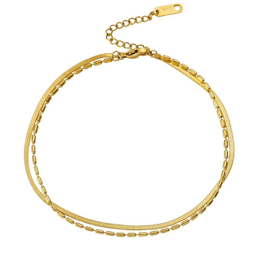 

316L Stainless Steel Fashion High-end Jewelry Gold Color 2 Layer Beaded Choker Snake Bone Chains Anklets For Women Tobilleras