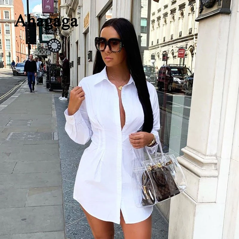 2019 Осенняя белая длинная рубашка женская модная однотонная уличная одежда с